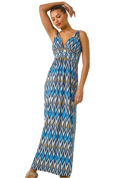 Roman Blue Geometric V-Neck Maxi Dress