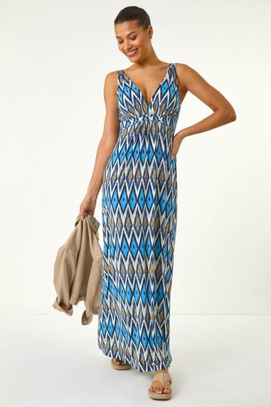 Roman Blue Geometric V-Neck Maxi Dress