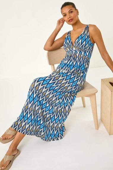 Roman Blue Geometric V-Neck Maxi Dress