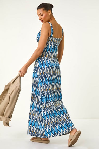 Roman Blue Geometric V-Neck Maxi Dress