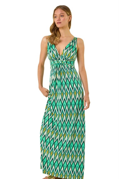 Roman Green Geometric V-Neck Maxi Dress