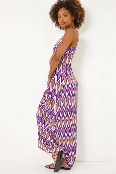 Roman Purple Geometric V-Neck Maxi Dress