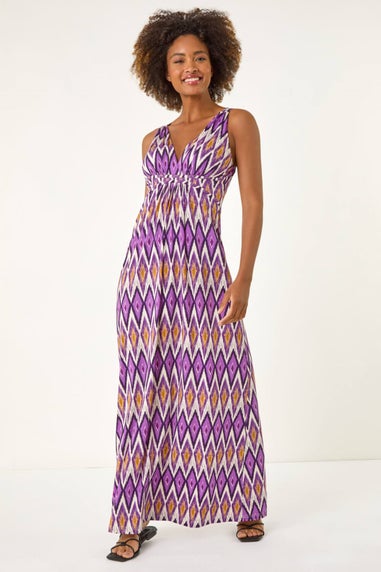 Roman Purple Geometric V-Neck Maxi Dress