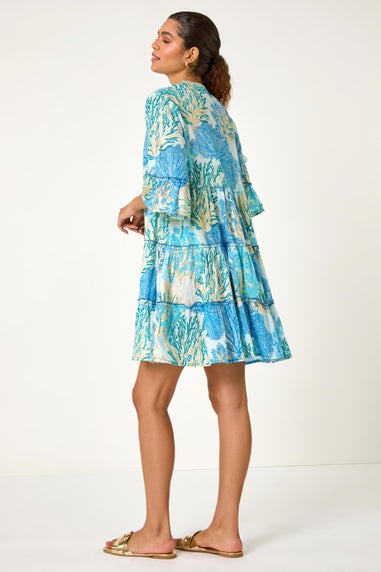 Roman Blue Embroidered Cotton Printed Frill Smock Dress
