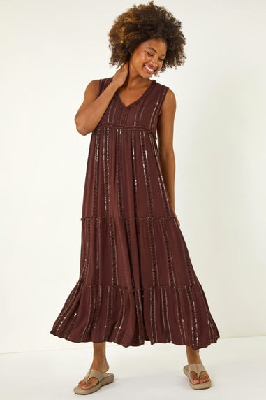 Roman Chocolate Sequin Tiered Maxi Dress