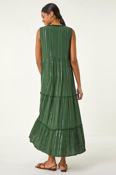Roman Dark Green Sequin Tiered Maxi Dress