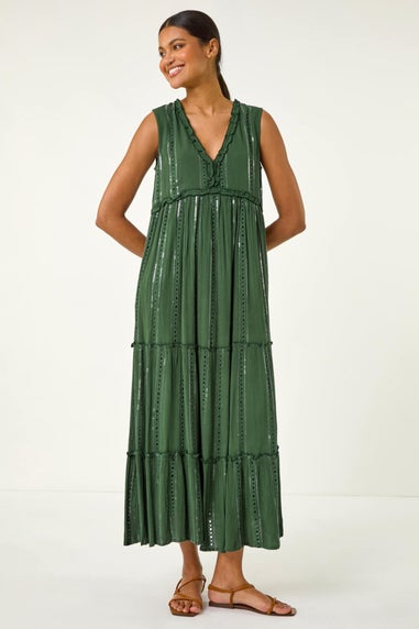 Roman Dark Green Sequin Tiered Maxi Dress