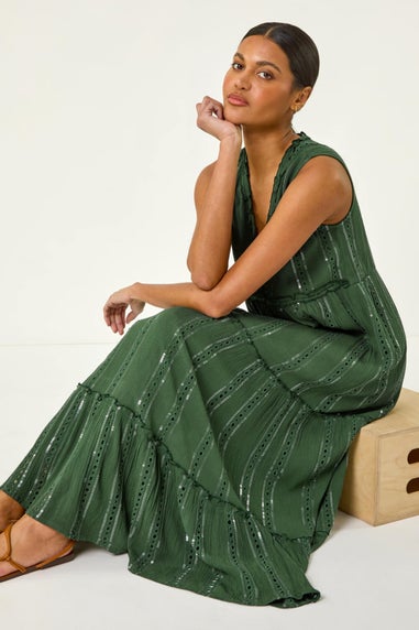 Roman Dark Green Sequin Tiered Maxi Dress
