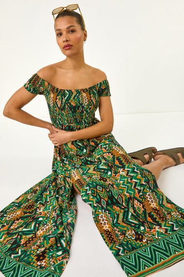 Roman Green Abstract Bardot Shirred Maxi Dress