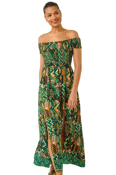 Roman Green Abstract Bardot Shirred Maxi Dress