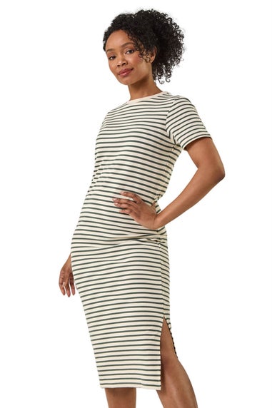 Roman Khaki Petite Stripe Knit Midi Dress