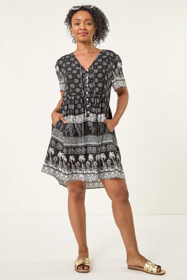 Roman Black Petite Elephant Print Smock Dress