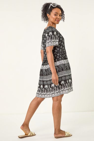 Roman Black Petite Elephant Print Smock Dress