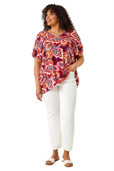 Roman Purple Curve Floral Print Cold Shoulder Top