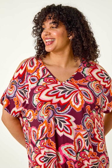 Roman Purple Curve Floral Print Cold Shoulder Top