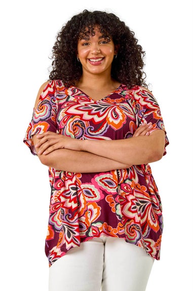 Roman Purple Curve Floral Print Cold Shoulder Top