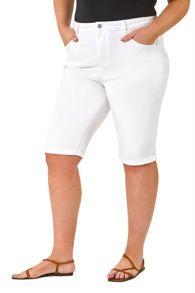 Roman White Curve Stretch Knee Length Denim Shorts