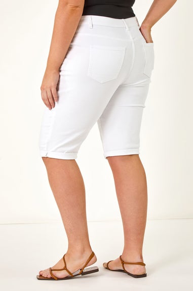 Roman White Curve Stretch Knee Length Denim Shorts