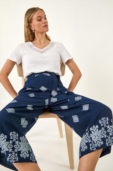 Roman Navy Border Print Belted Trouser