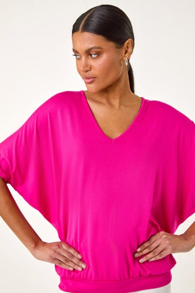 Roman Fuchsia V-Neck Grown On Sleeve Stretch Top