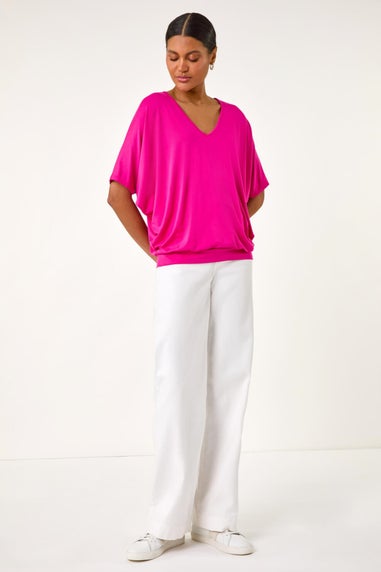 Roman Fuchsia V-Neck Grown On Sleeve Stretch Top