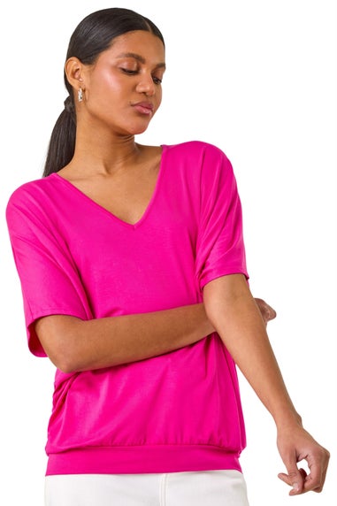 Roman Fuchsia V-Neck Grown On Sleeve Stretch Top
