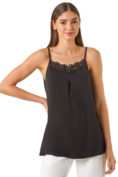 Roman Black Lace Trim Cami Stretch Top