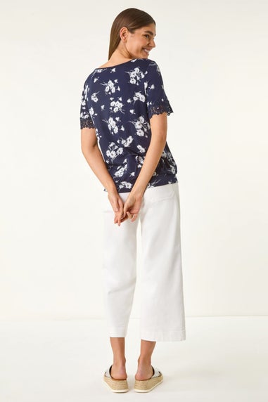 Roman Navy Floral Print V-Neck Lace Stretch Top