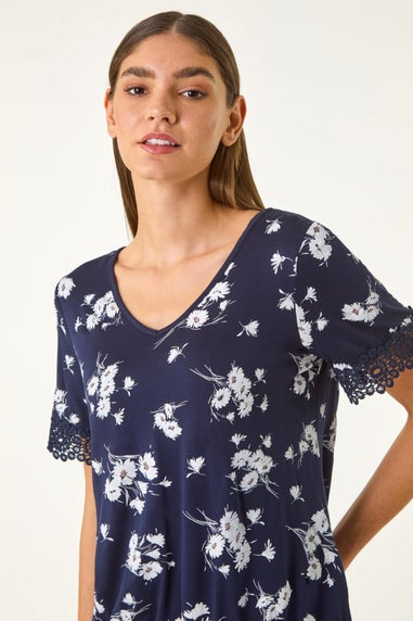 Roman Navy Floral Print V-Neck Lace Stretch Top