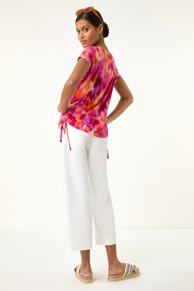 Roman Fuchsia Abstract Print Side Tie Detail Top
