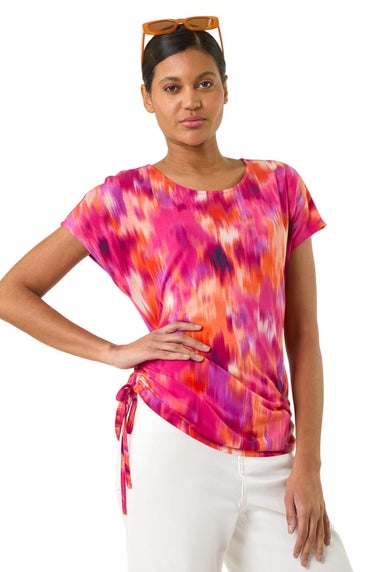 Roman Fuchsia Abstract Print Side Tie Detail Top