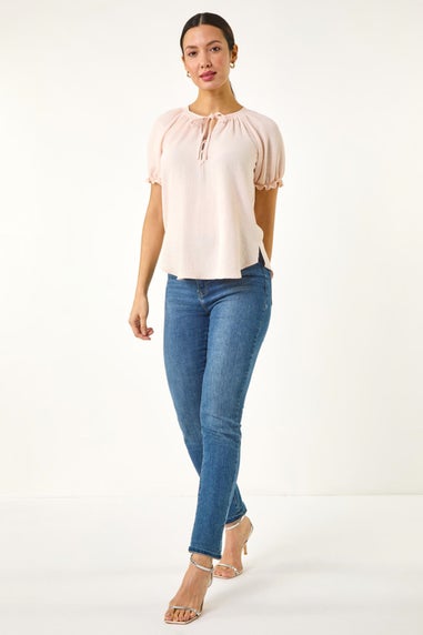 Roman Light Pink Tie Front Frill Sleeve Top