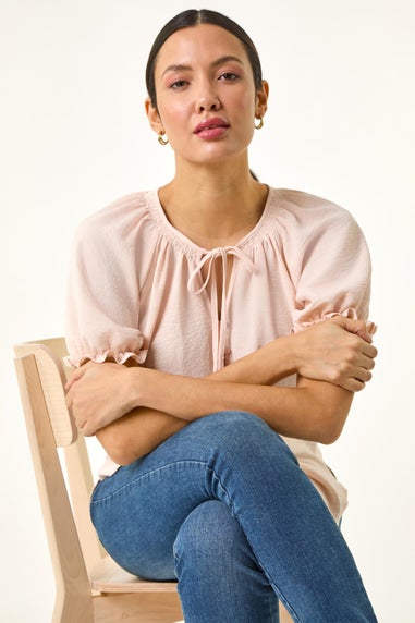 Roman Light Pink Tie Front Frill Sleeve Top