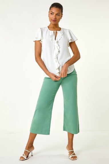 Roman Ivory Frilled Sleeve Tie Front Top