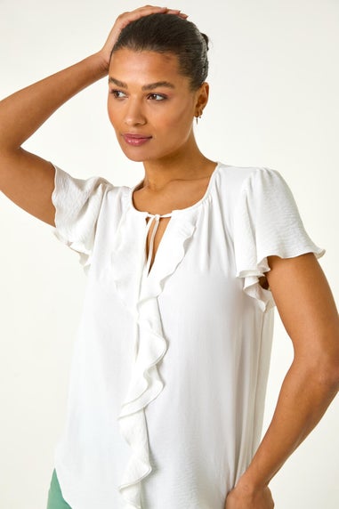 Roman Ivory Frilled Sleeve Tie Front Top