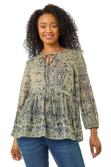 Roman Khaki Petite Metallic Aztec Print Top