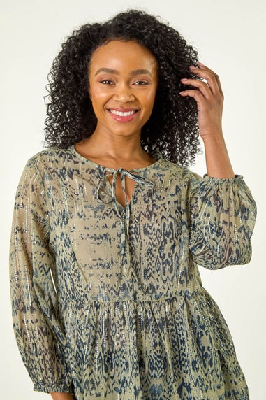 Roman Khaki Petite Metallic Aztec Print Top