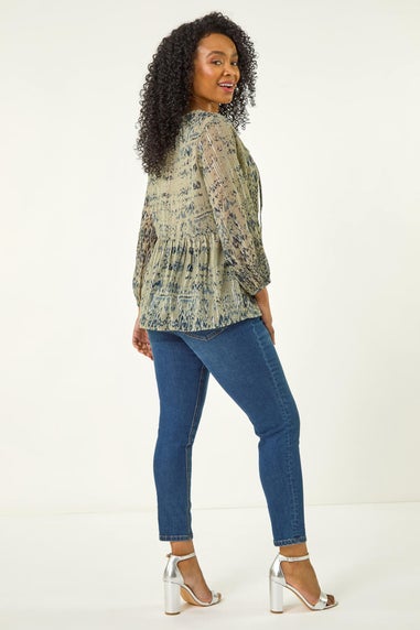 Roman Khaki Petite Metallic Aztec Print Top
