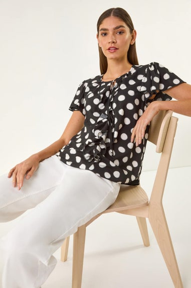 Roman Black Spot Print Ruffle Tie Front Top