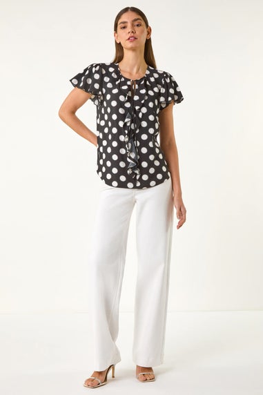 Roman Black Spot Print Ruffle Tie Front Top