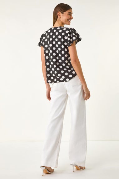 Roman Black Spot Print Ruffle Tie Front Top