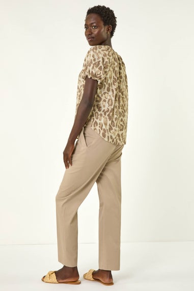 Roman Taupe Animal Print Tie Neck Top