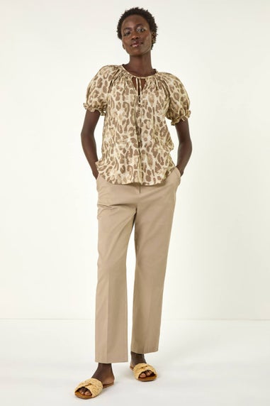 Roman Taupe Animal Print Tie Neck Top