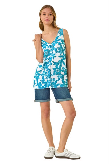 Roman Turquoise Floral Button Cami Top