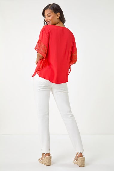Roman Coral Gathered Lace Insert Sleeve Top