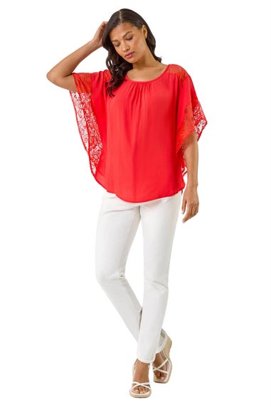 Roman Coral Gathered Lace Insert Sleeve Top
