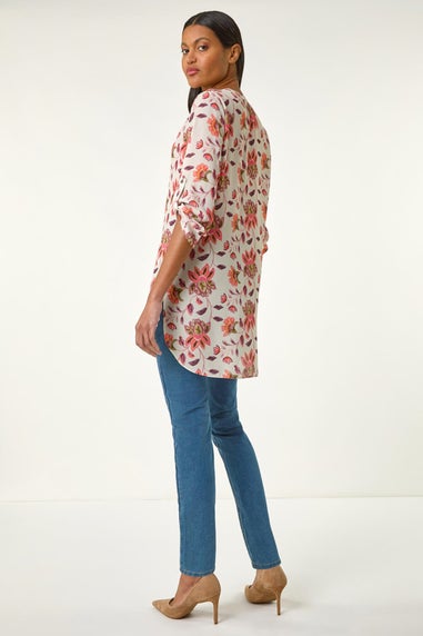 Roman Coral Floral Print Button V-Neck Tunic Top