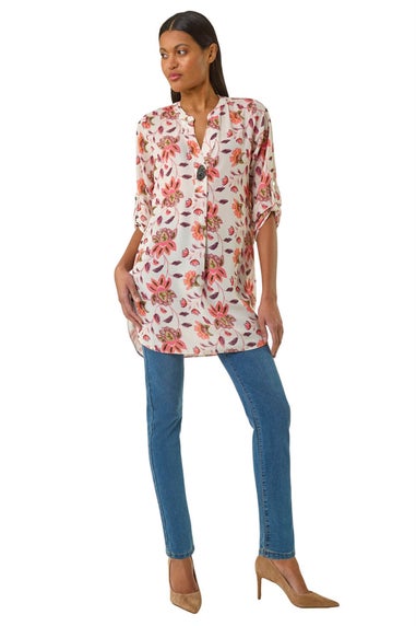 Roman Coral Floral Print Button V-Neck Tunic Top