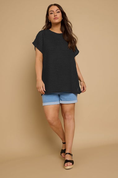 Yours Curve Black Textured Split Seam Top