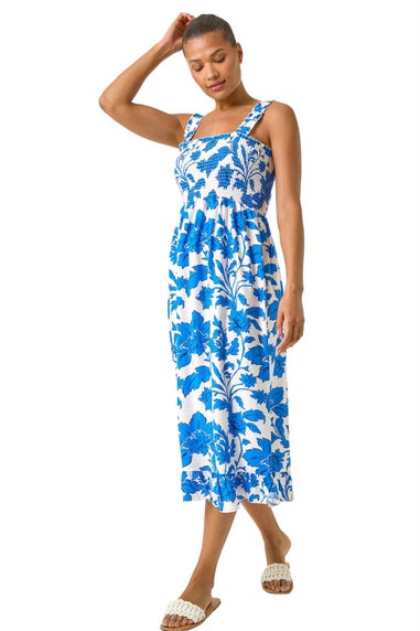Roman Blue Floral Shirred Midi Dress